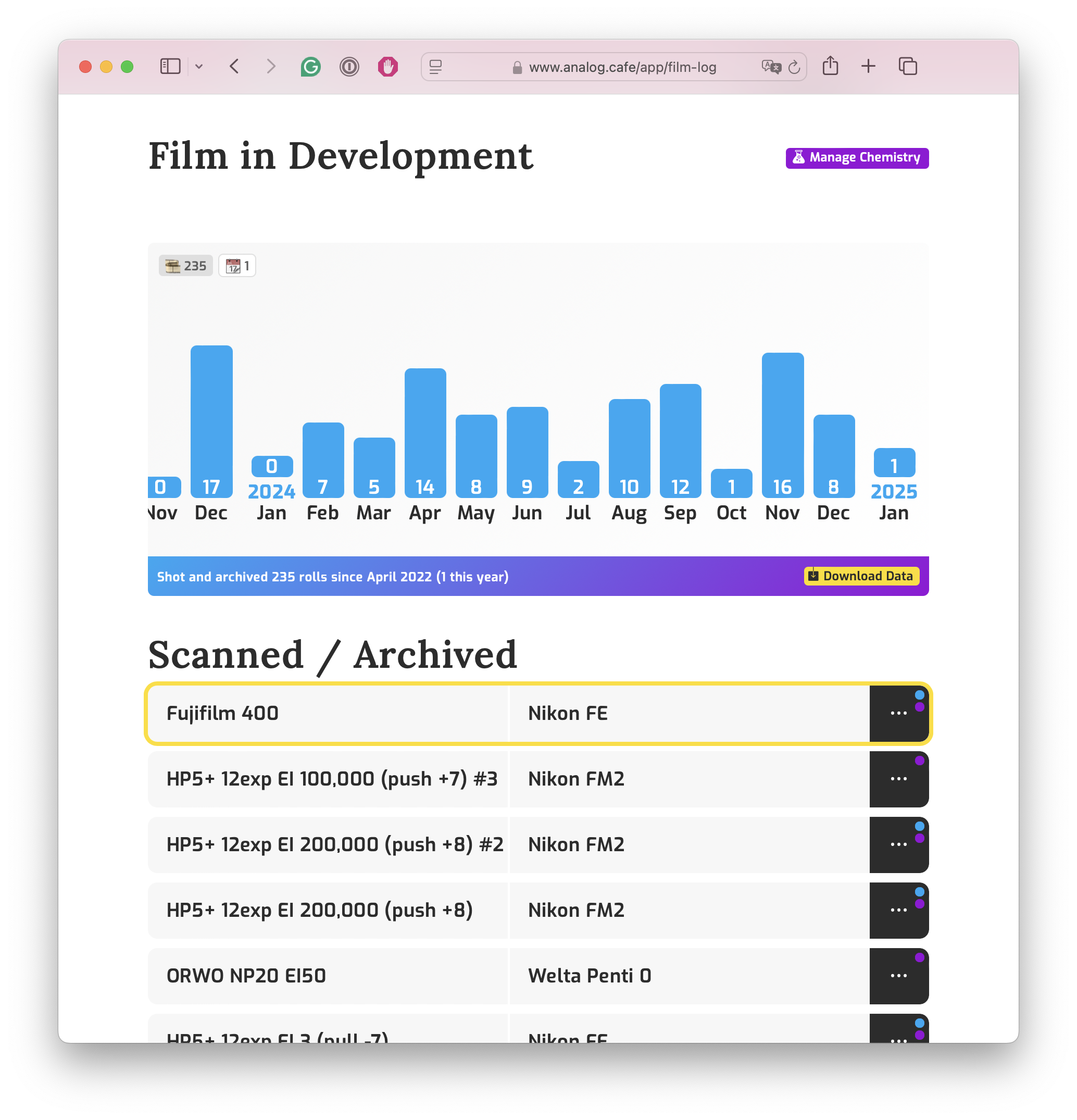 A graph of film usage and advanced options